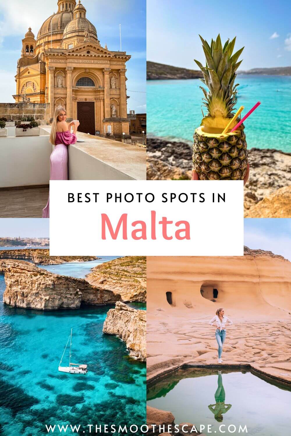 A Pinterest pin with four images of Malta's nature and towns and a text overlay stating: Best photo spots in Malta.