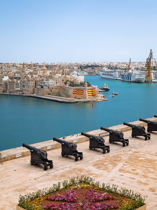 a row of old cannons at the Saluting Battery in Valletta, the capital of Malta