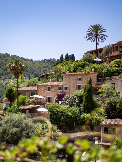 Quaint stone houses with a backdrop of forest-covered mountains and palm trees at Deia village.