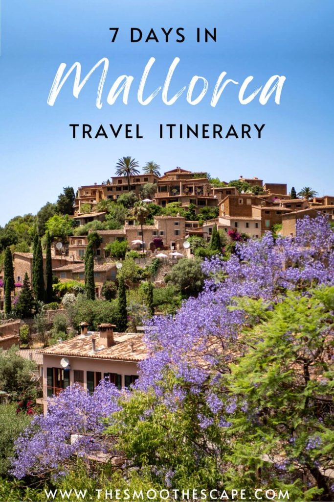 A Pinterest pin with an image of a mountaintop village and a text overlay stating: 7 days in Mallorca travel itinerary.