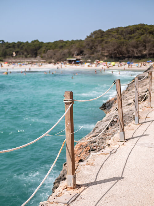 A walking path bordered by ropes along the coast of Mondrago Natural Park.