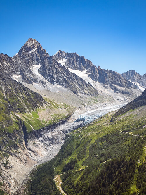 towering mountains, alpine meadows and the Argentiere glacier viewed from the Lac Blanc hike