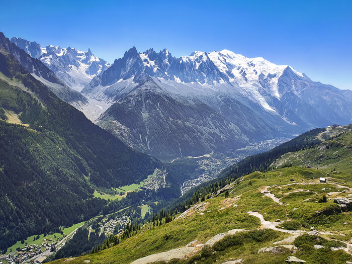 A view of the Chamonix valley and the Mont Blanc mountain range viewed from the Lac de Cheserys hike