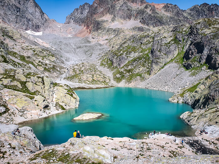 Bright blue Lac Blanc lake nestled in the French Alps, one of the most famous day hikes in Chamonix