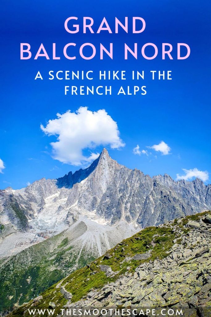A Pinterest pin with an image of a sharp mountain peak and a text overlay stating: Grand Balcon Nord, a scenic hike in the French Alps.