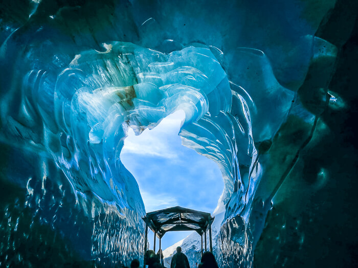 the entrance to the ice caves aka Grotte de Glace carved into Mer de Glace, the largest glacier in France