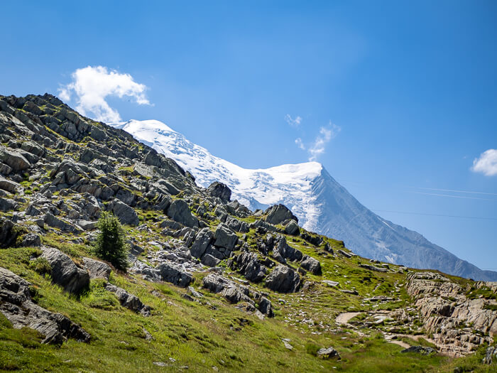 clear blue sky and snow-covered Mont Blanc viewed from the Grand Balcon Nord trail in France