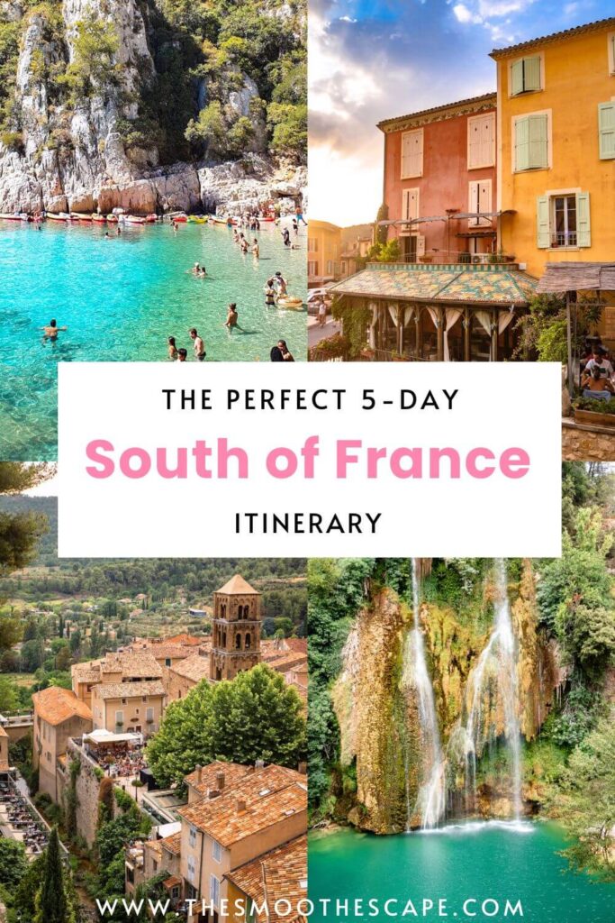 A Pinterest pin with four images depicting villages, waterfalls and a beach, and a text overlay stating 'The perfect 5-day South of France itinerary'.
