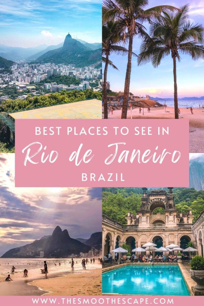 A Pinterest pin with four images of Rio de Janeiro's beaches and cityscapes and a text overlay stating: Best places to see in Rio de Janeiro, Brazil.