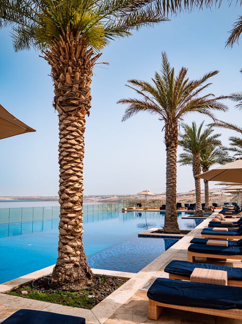 An infinity pool surrounded by palm trees and sunbeds at Hilton Dead Sea Resort