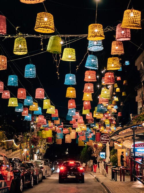 Colorful lanterns hanging above Rainbow Street, a popular tourist hang-out in Amman