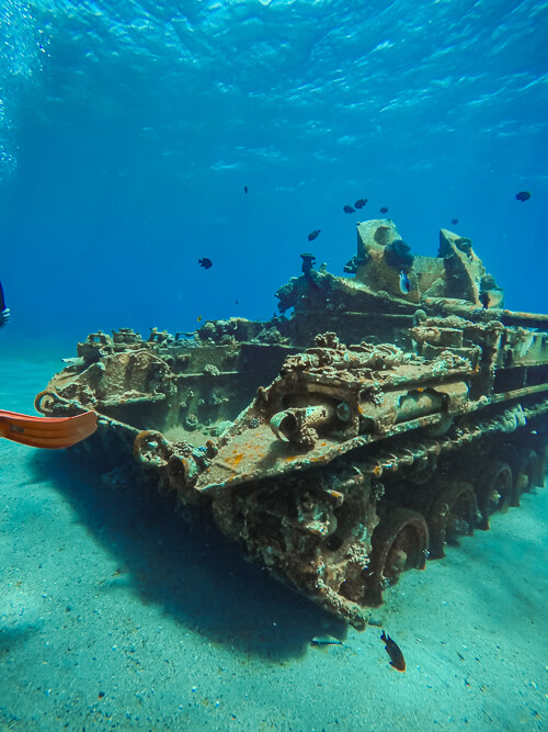 A sunken tank at a popular dive site in Aqaba, a resort town on the Red Sea Coast in Jordan