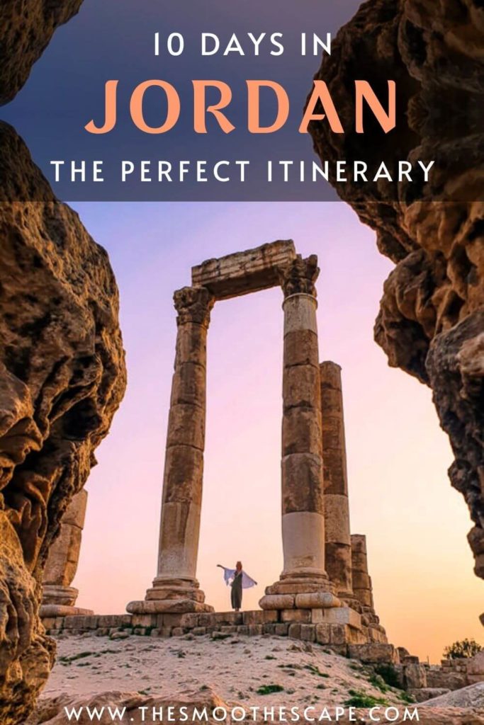 A Pinterest pin with an image of the ancient ruins of Amman Citadel and a text overlay stating: 10 days in Jordan, the perfect itinerary.
