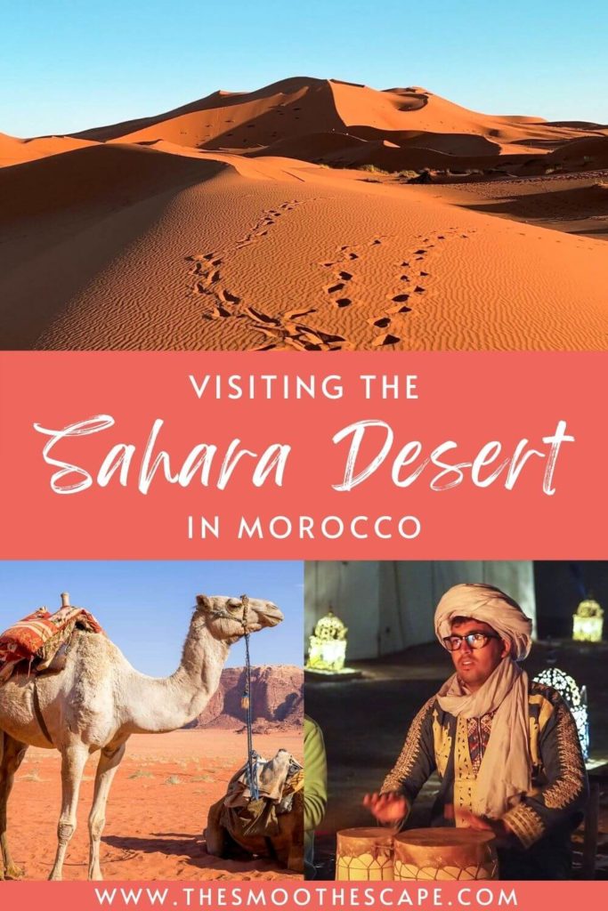 A Pinterest pin with images of desert dunes, a camel and a Berber man, and a text overlay stating: Visiting the Sahara Desert in Morocco.