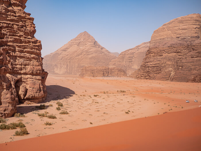 reddish sandstone mountains in the Wadi Rum desert in Jordan