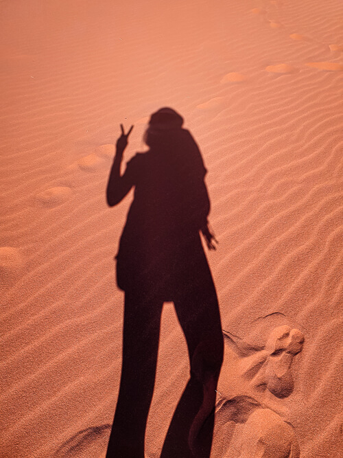 My shadow on orange rippled sand in a desert.
