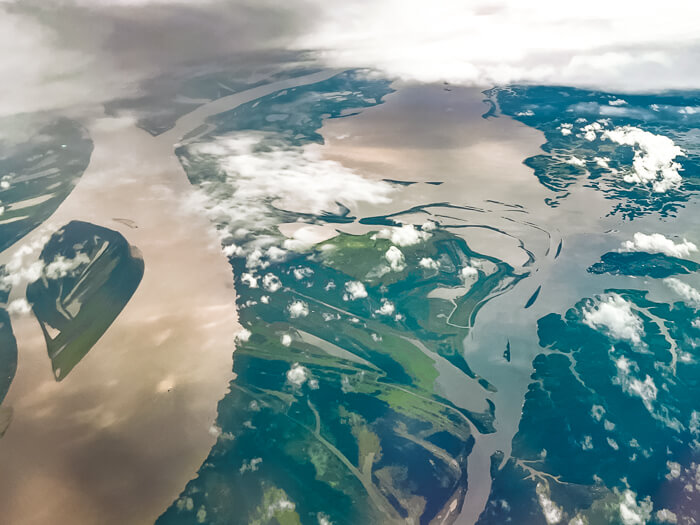 The Amazon River and its tributaries viewed from a plane window near Manaus, Brazil
