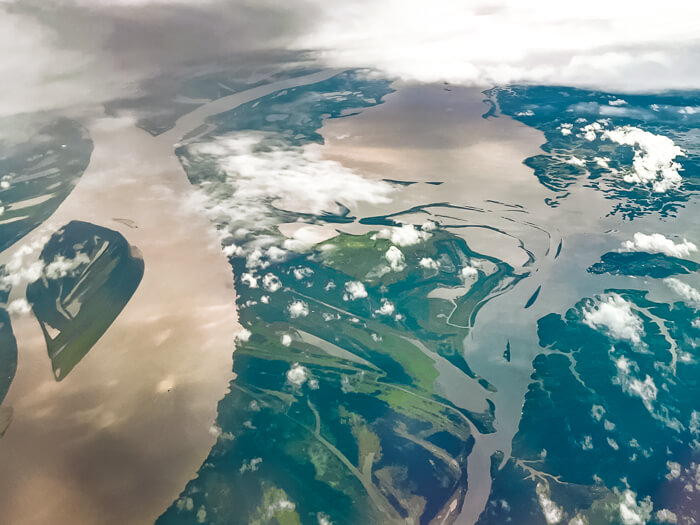 The Amazon River and its tributaries viewed from a plane window near Manaus, Brazil