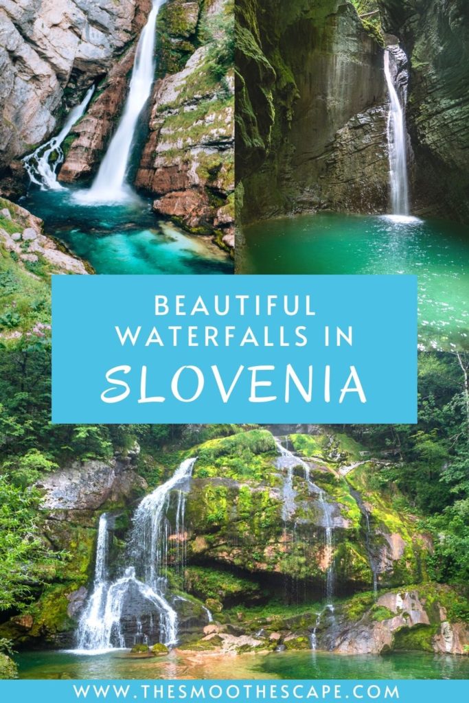 A Pinterest pin with three images of different waterfalls and a text overlay stating: Beautiful waterfalls in Slovenia.