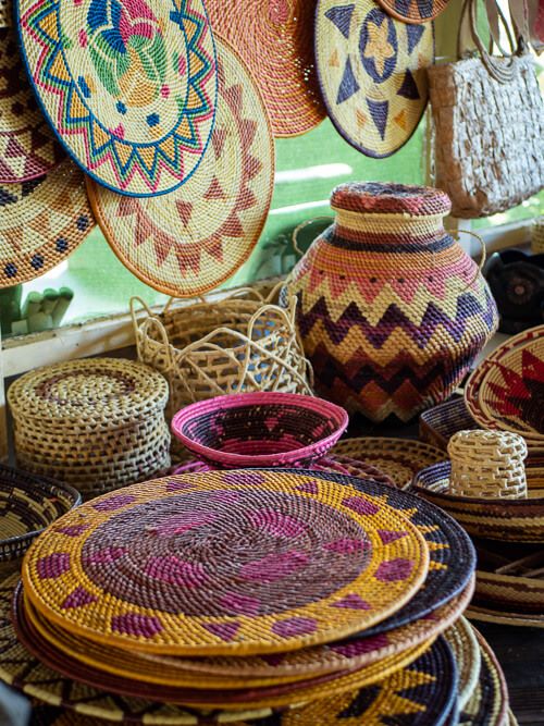 Colorful straw handicrafts made by indigenous communities in the Amazon region in Brazil