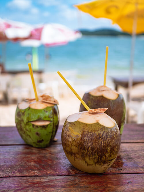fresh coconuts on a table in a beach bar in Brazil