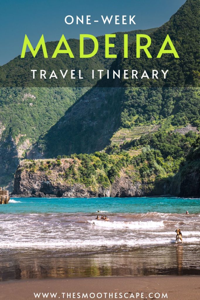 A Pinterest pin with an image of a black sand beach and green mountains, and a text overlay stating 'One-week Madeira travel itinerary'.