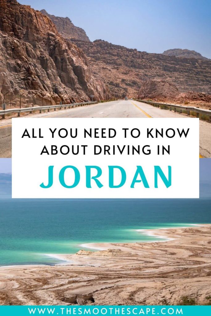 A Pinterest pin with an image of a road and a coastal view and a text overlay stating: All you need to know about driving in Jordan.