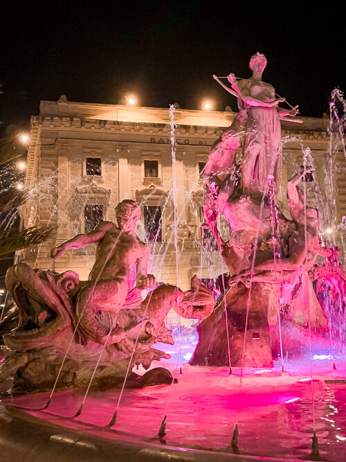 The Fountain of Diana in Ortigia, the historical center of Syracuse town in Sicily.