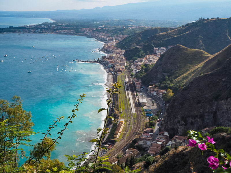 The view over Sicily's east coast from Villa Comunale Di Taormina, a beautiful public garden.