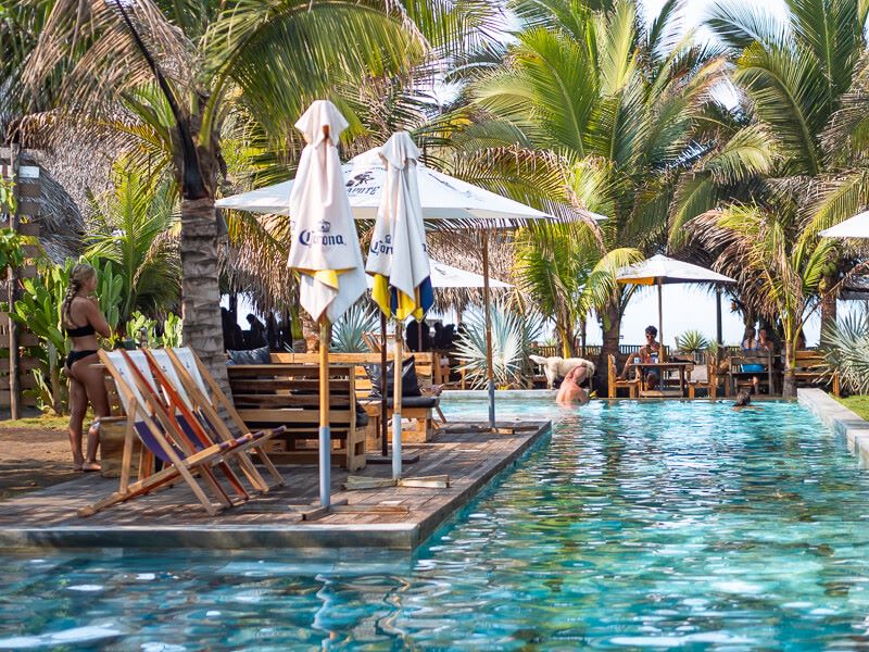 a large swimming pool surrounded by palm trees at Cocori Lodge in El Paredon