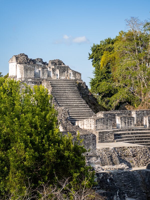 ancient limestone structures surrounded by trees in the Mayan City of Tikal, one of the best places to visit in Guatemala