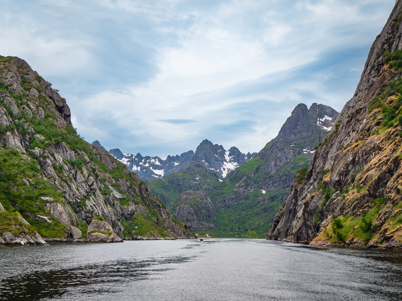 The narrow opening of Trollfjord, surrounded by vertical cliffs and rugged peaks