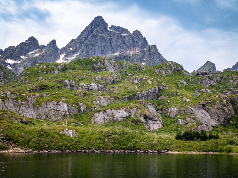 Rugged peaks of a coastal mountain range on the Lofoten Islands in Norway