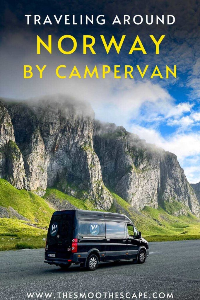 A Pinterest pin with an image of a black campervan parked next to jagged mountains and a text overlay stating 'Traveling around Norway by campervan'.