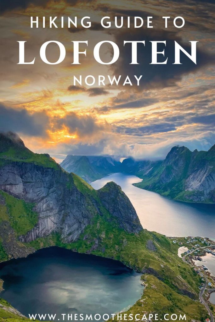 A Pinterest pin with an image of a fjord surrounded by mountains and a text overlay stating: Hiking guide to Lofoten