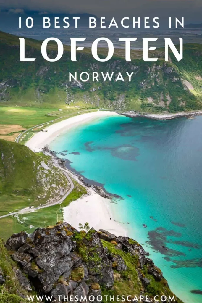a Pinterest pin with an image of a white sand beach with neon blue water and a text overlay stating: 10 best beaches in Lofoten, Norway