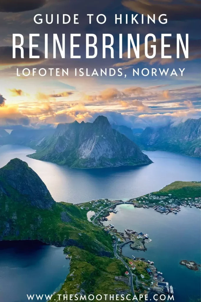 a Pinterest pin with an image of a view over mountains and fjords during sunset and a text overlay stating: Guide to hiking Reinebringen