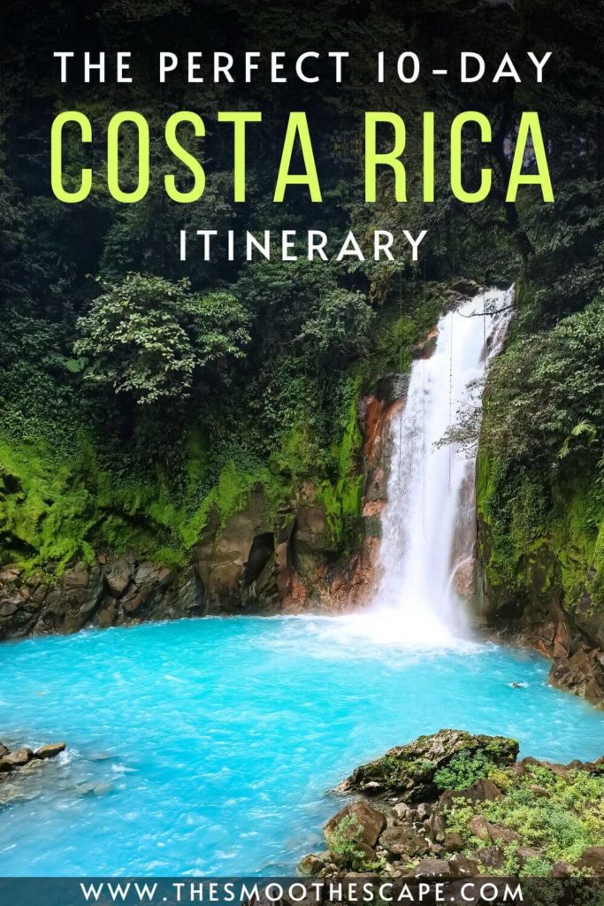 a Pinterest pin with an image of a waterfall with bright blue pool surrounded by jungle and a text overlay stating: The perfect 10-day Costa Rica itinerary