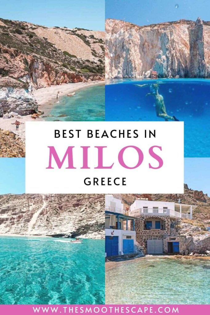 A Pinterest pin with 4 images of beaches and a text overlay stating 'Best beaches in Milos, Greece'.