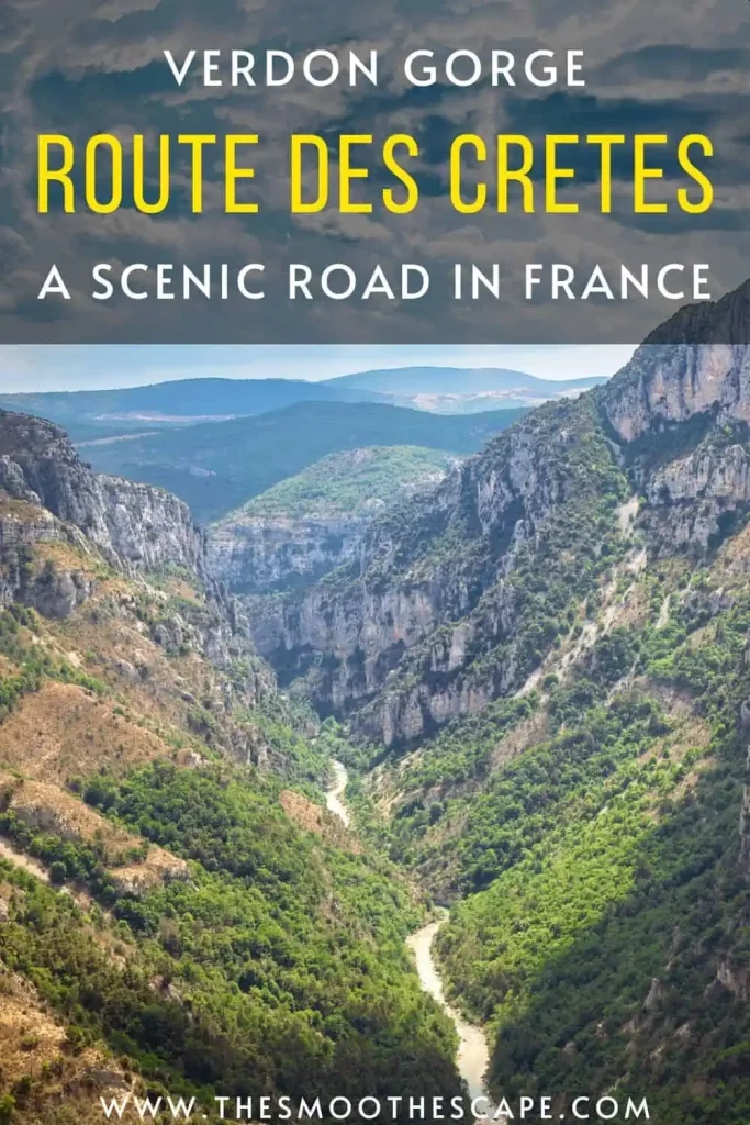 a Pinterest pin with an image of the green rocky slopes of Verdon Gorge and a text overlay stating "Verdon Gorge Route des Cretes, a scenic road in France"