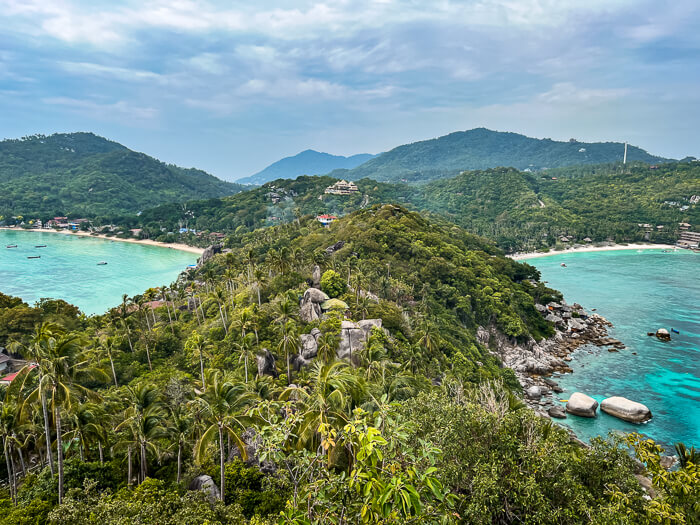 A panoramic view over the bays and forest-covered mountains of Koh Tao, viewed from John-Suwan Viewpoint