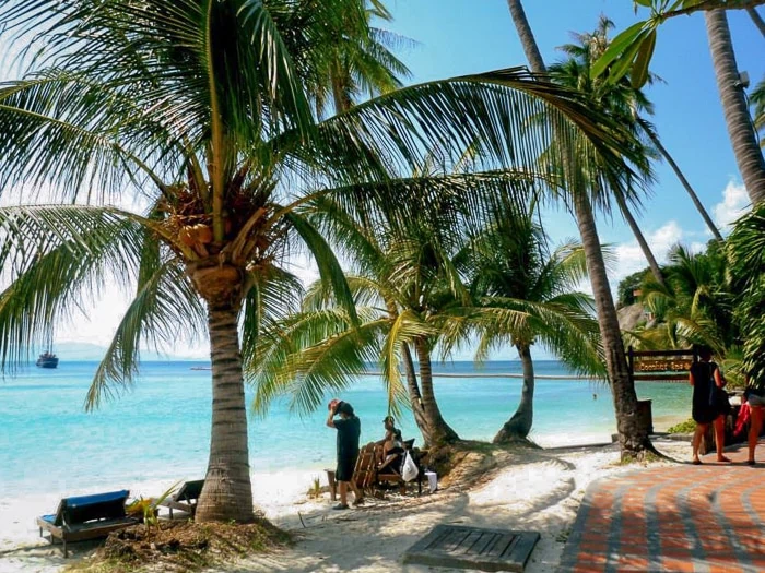 People relaxing on a small white sand beach with clear water and palm trees on Koh Phangan island.
