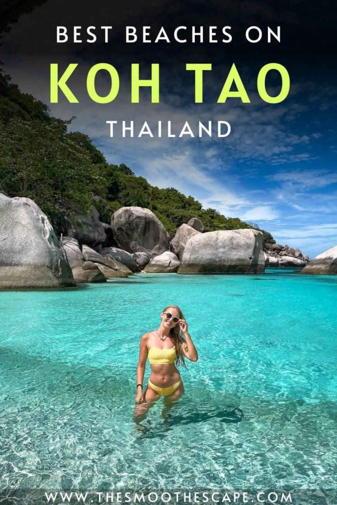 A Pinterest pin with an image of me standing in clear turquoise water and a text overlay stating "Best beaches on Koh Tao, Thailand"
