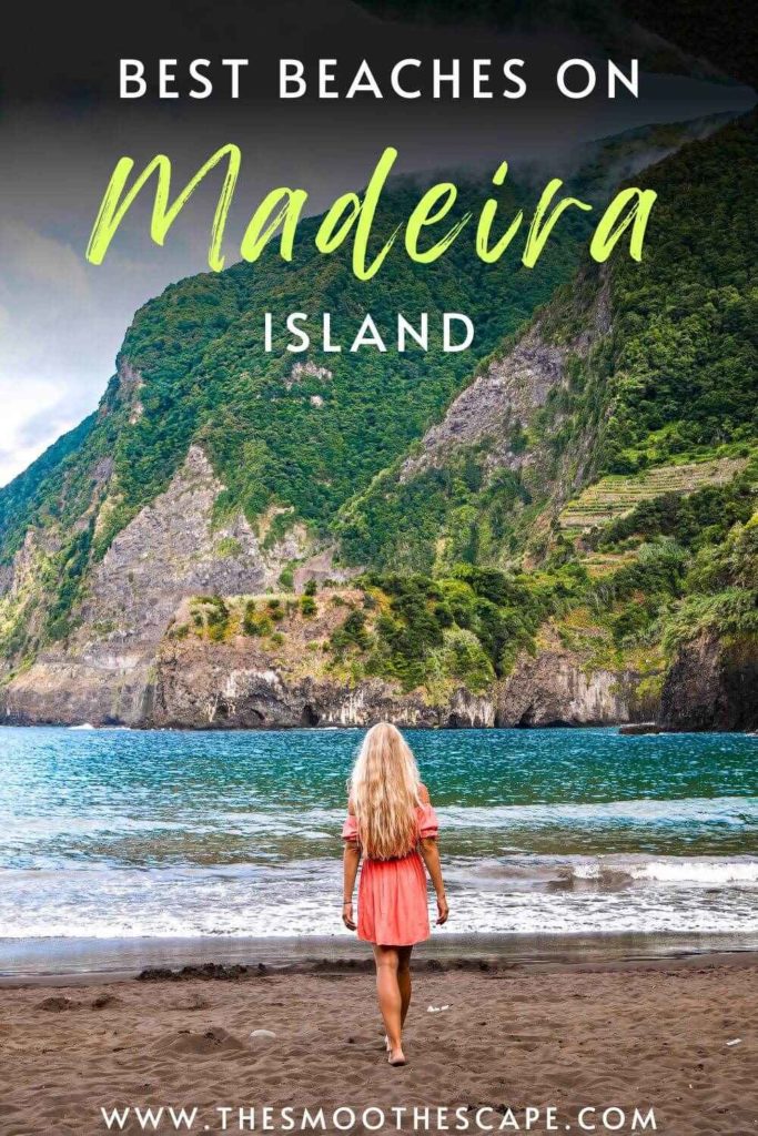 A Pinterest pin with an image of me walking on a black sand beach and a text overlay stating 'Best beaches on Madeira island'.