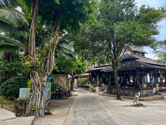 A paved walking path lined by small shops and lush tropical trees in Sairee Village at Koh Tao.