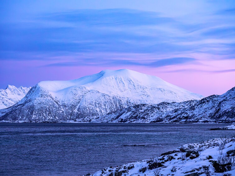 A coastal mountain range covered with snow and a pastel-colored sky with purple and pink tones in the background on Kvaloya island.