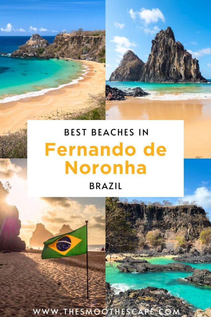A Pinterest pin with 4 images of different beaches and a text overlay stating 'Best beaches in Fernando de Noronha, Brazil'.