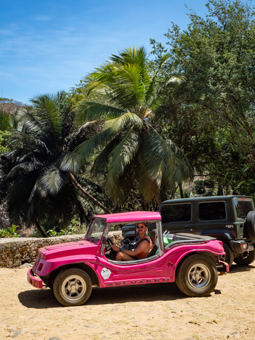 Our neon pink dune buggy in a parking lot with palm trees in the background.