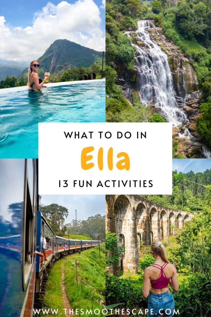 A Pinterest pin with images of a pool, waterfall, train and a bridge and a text overlay stating 'What to do in Ella; 13 fun activities'.