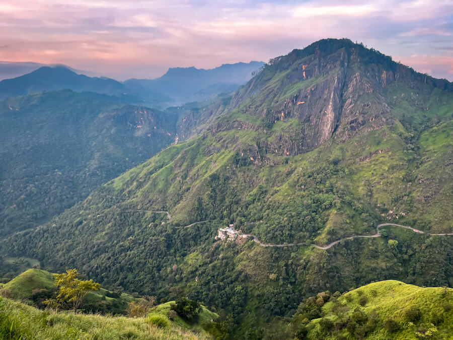 A panoramic view of mountains around Ella viewed from Little Adam's Peak during sunrise.